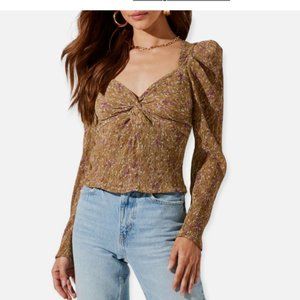 ASTR THE LABEL Twist Front Mustard Floral Top L NWOT